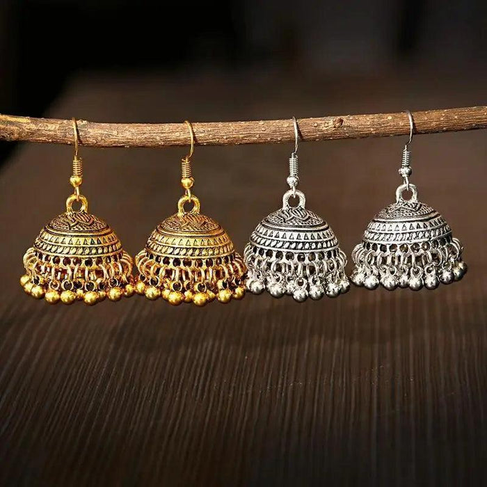 Indian Jhumka Jhumki Ethnic Dangle Earring Sets for Women Vintage Silver Gold Long Tassel Bell Drop Earrings Boho Jewelry Ethnic Silver Color Dangle Earrings For Women Drop Tassel Earrings for Women Bohemian Party Gift